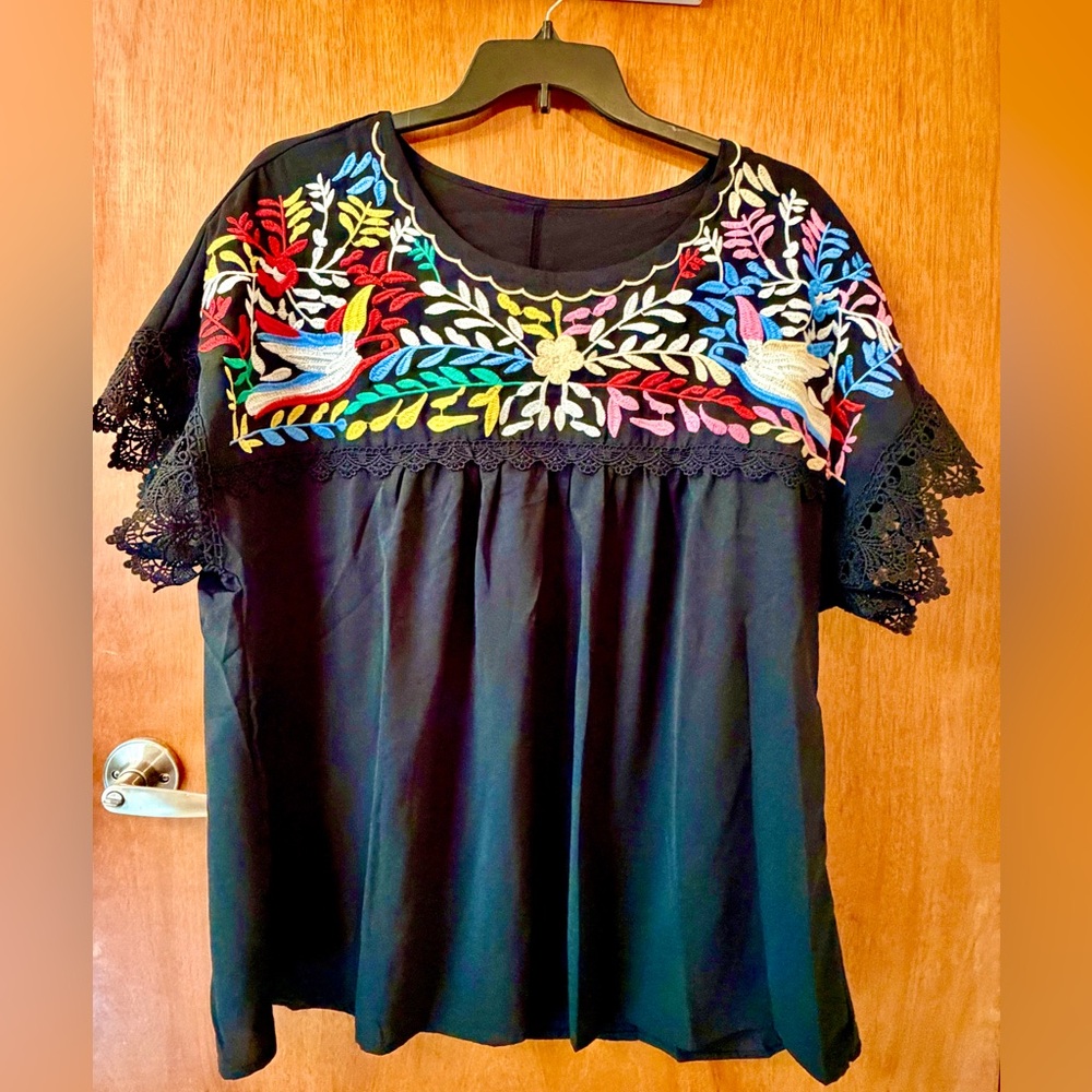 Black Embroidered Floral & Bird Women's Top - Colorful Accent